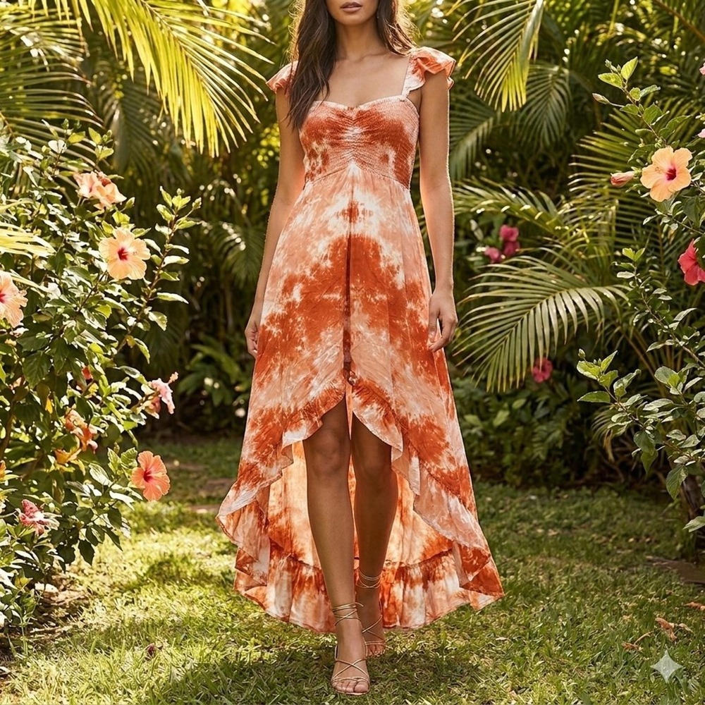 Tiare Hawaii Hollie High-Low Dress Orange Tie Dye OS Boho Tropical Beach Maxi